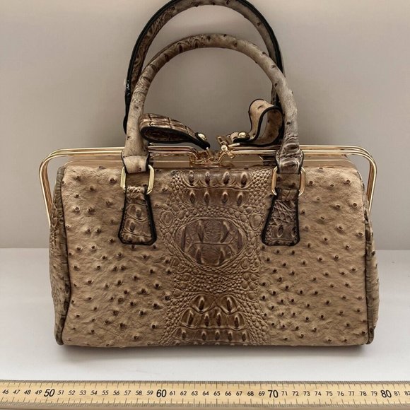 Women's Tan Alligator Skin Leather Top Handle Handbag Purse with Removable Strap - Picture 4 of 15